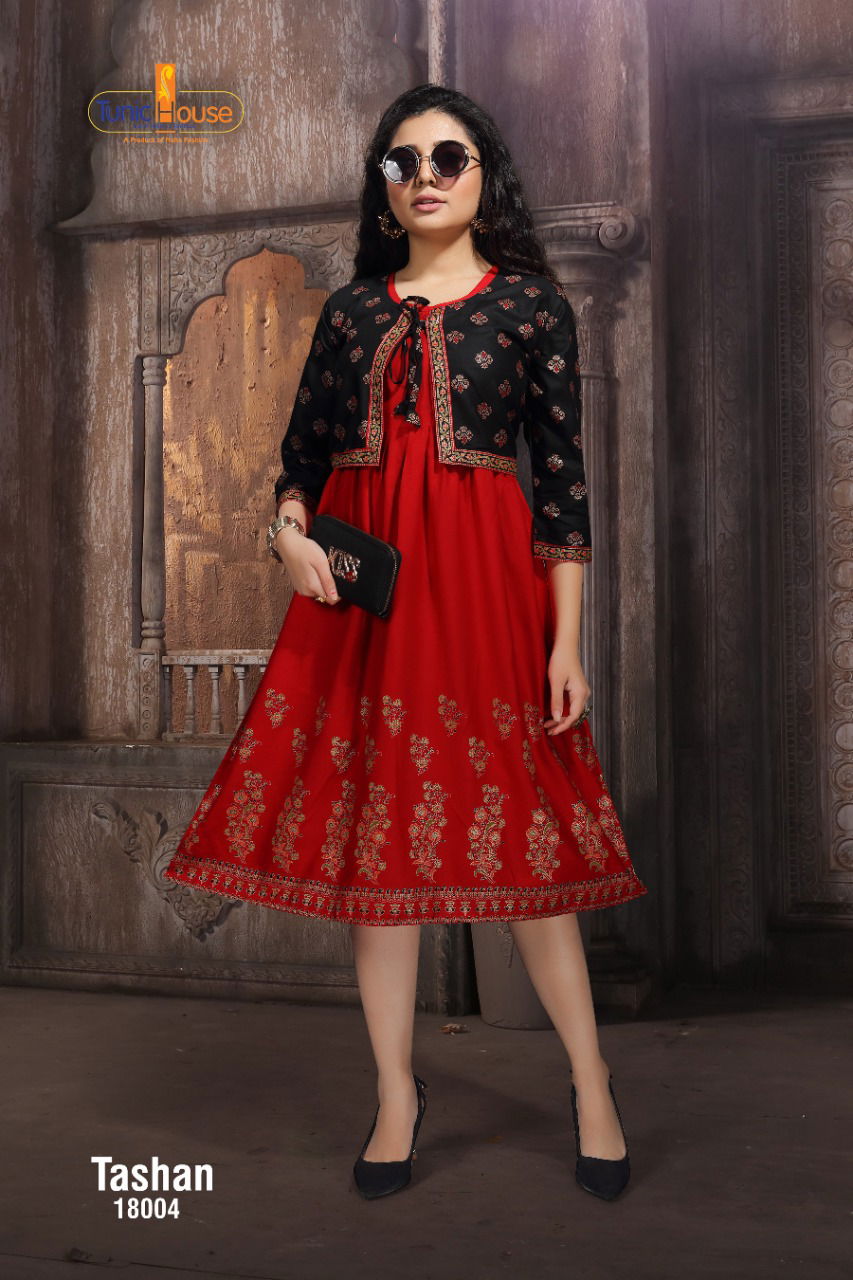 Tunic House Tashan Regular Wear Rayon Printed Anarkali Kurti With Jacket Collection